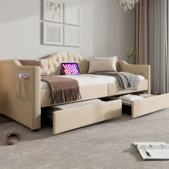 Lit combiné 90 x 200 cm - Lit avec 2 tiroirs et ports USB - Velours Beige - Sans Matelas