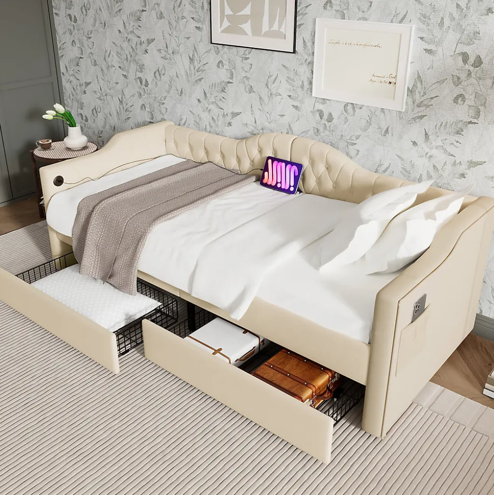 Lit combiné 90 x 200 cm - Lit avec 2 tiroirs et ports USB - Velours Beige - Sans Matelas