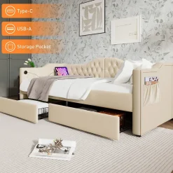 Lit combiné 90 x 200 cm - Lit avec 2 tiroirs et ports USB - Velours Beige - Sans Matelas