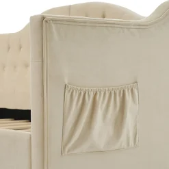 Lit combiné 90 x 200 cm - Lit avec 2 tiroirs et ports USB - Velours Beige - Sans Matelas