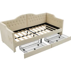 Lit combiné 90 x 200 cm - Lit avec 2 tiroirs et ports USB - Velours Beige - Sans Matelas