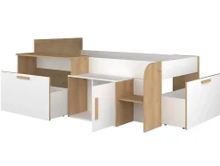 Lit combiné 90 x 200 cm avec bureau et rangements - Coloris : Blanc et naturel + Sommier + Matelas - PEDRO