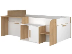 Lit combiné 90 x 200 cm avec bureau et rangements - Coloris : Blanc et naturel + Sommier + Matelas - PEDRO