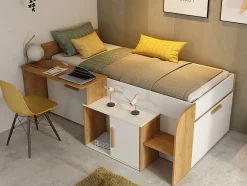 Lit combiné 90 x 200 cm avec bureau et rangements - Coloris : Blanc et naturel + Sommier + Matelas - PEDRO