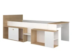 Lit combiné 90 x 200 cm avec bureau et rangements - Blanc et naturel + Sommier + Matelas - PALOMA