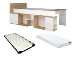 Lit combiné 90 x 200 cm avec bureau et rangements - Blanc et naturel + Sommier + Matelas - PALOMA
