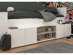 Lit combiné 90 x 190/200 cm avec bureau et rangements - Blanc et naturel + Sommier + Matelas - JOCHIANE