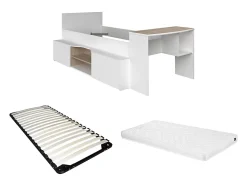 Lit combiné 90 x 190/200 cm avec bureau et rangements - Blanc et naturel + Sommier + Matelas - JOCHIANE