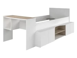 Lit combiné 90 x 190/200 cm avec bureau et rangements - Blanc et naturel + Sommier + Matelas - JOCHIANE