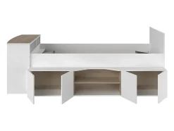 Lit combiné 90 x 190/200 cm avec bureau et rangements - Blanc et naturel + Sommier + Matelas - JOCHIANE