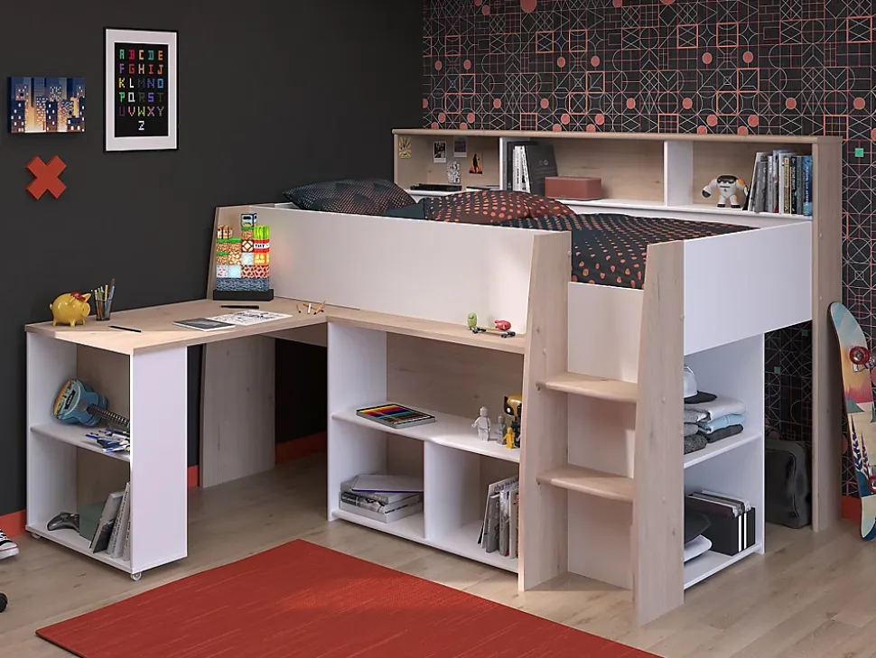 Lit combiné 90 x 200 cm avec bureau et rangements - Blanc et naturel - APOLINO