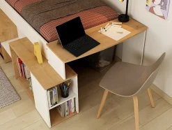 Lit combiné 90 x 200 cm avec bureau et rangements - Blanc et naturel - PALOMA