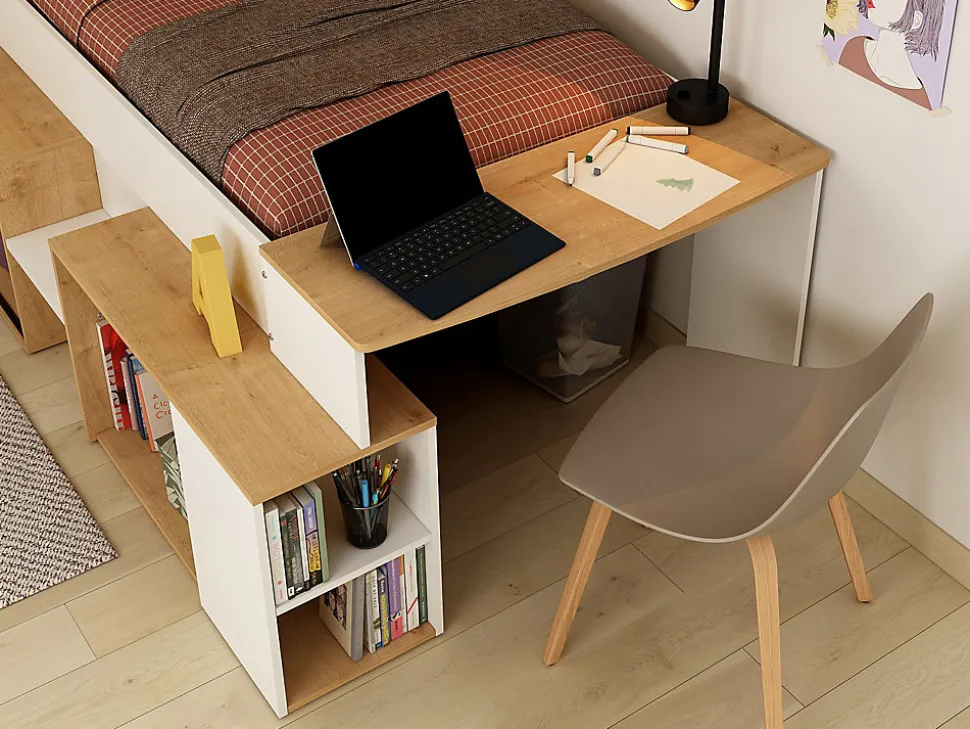 Lit combiné 90 x 200 cm avec bureau et rangements - Blanc et naturel - PALOMA