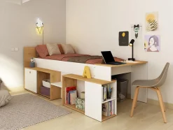 Lit combiné 90 x 200 cm avec bureau et rangements - Blanc et naturel - PALOMA