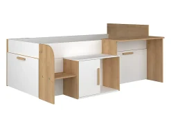 Lit combiné 90 x 200 cm avec bureau et rangements - Coloris : Blanc et naturel - PEDRO