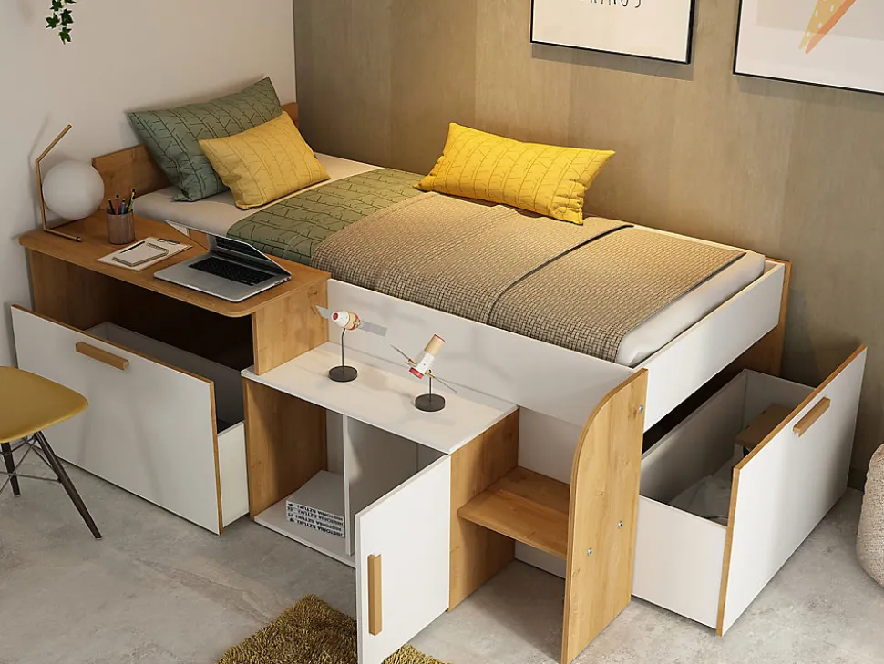 Lit combiné 90 x 200 cm avec bureau et rangements - Coloris : Blanc et naturel - PEDRO