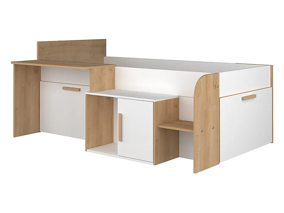 Lit combiné 90 x 200 cm avec bureau et rangements - Coloris : Blanc et naturel - PEDRO