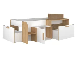 Lit combiné 90 x 200 cm avec bureau et rangements - Coloris : Blanc et naturel - PEDRO