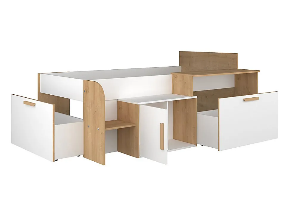 Lit combiné 90 x 200 cm avec bureau et rangements - Coloris : Blanc et naturel - PEDRO