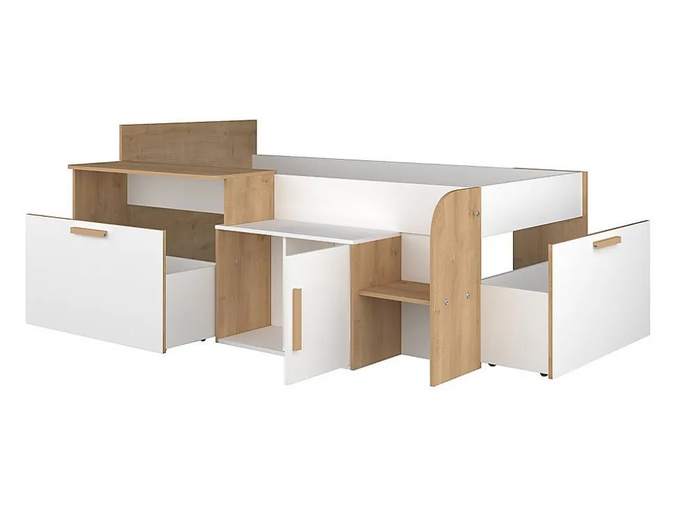 Lit combiné 90 x 200 cm avec bureau et rangements - Coloris : Blanc et naturel - PEDRO