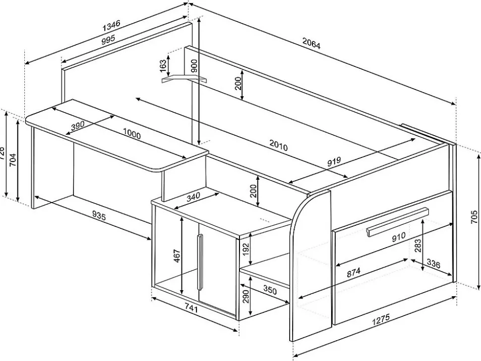 Lit combiné 90 x 200 cm avec bureau et rangements - Coloris : Blanc et naturel - PEDRO