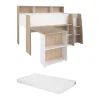 Lit combiné 90 x 200 cm avec bureau et rangements - Blanc et naturel + Matelas - APOLINO