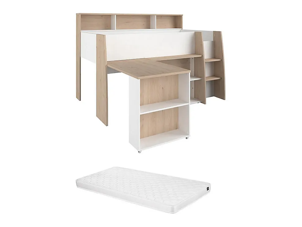 Lit combiné 90 x 200 cm avec bureau et rangements - Blanc et naturel + Matelas - APOLINO