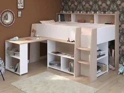 Lit combiné 90 x 200 cm avec bureau et rangements - Blanc et naturel + Matelas - APOLINO