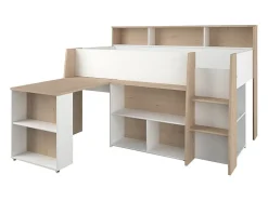 Lit combiné 90 x 200 cm avec bureau et rangements - Blanc et naturel + Matelas - APOLINO