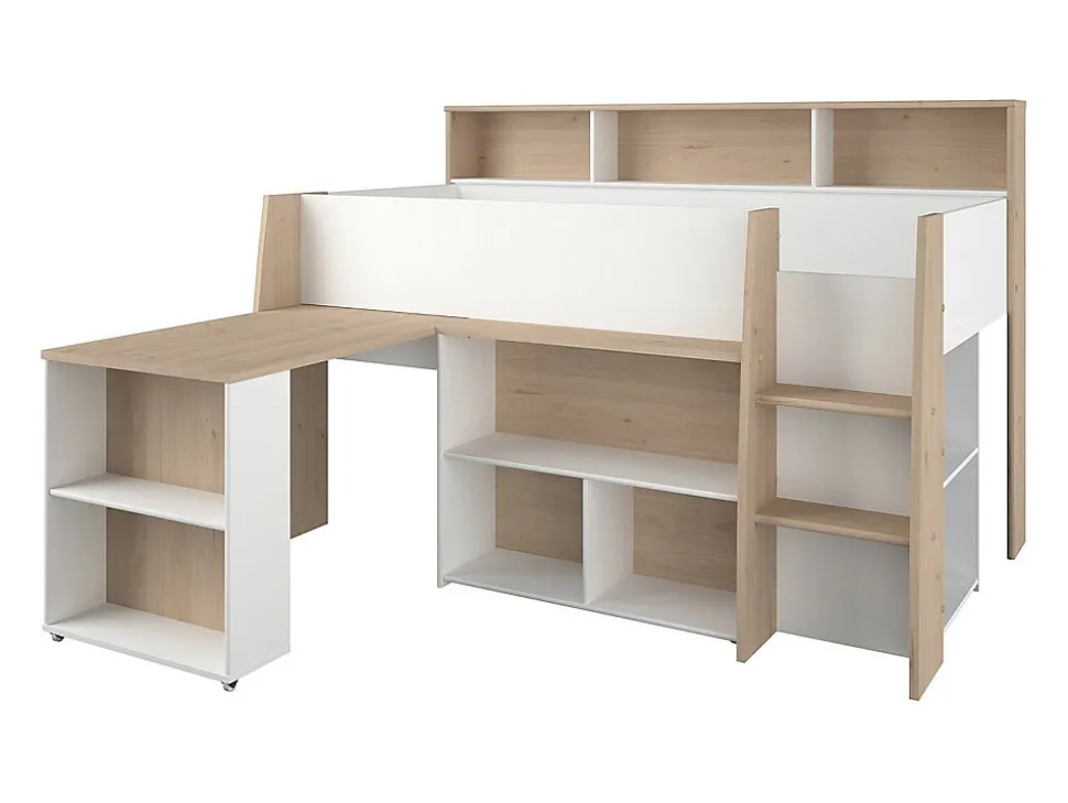 Lit combiné 90 x 200 cm avec bureau et rangements - Blanc et naturel + Matelas - APOLINO