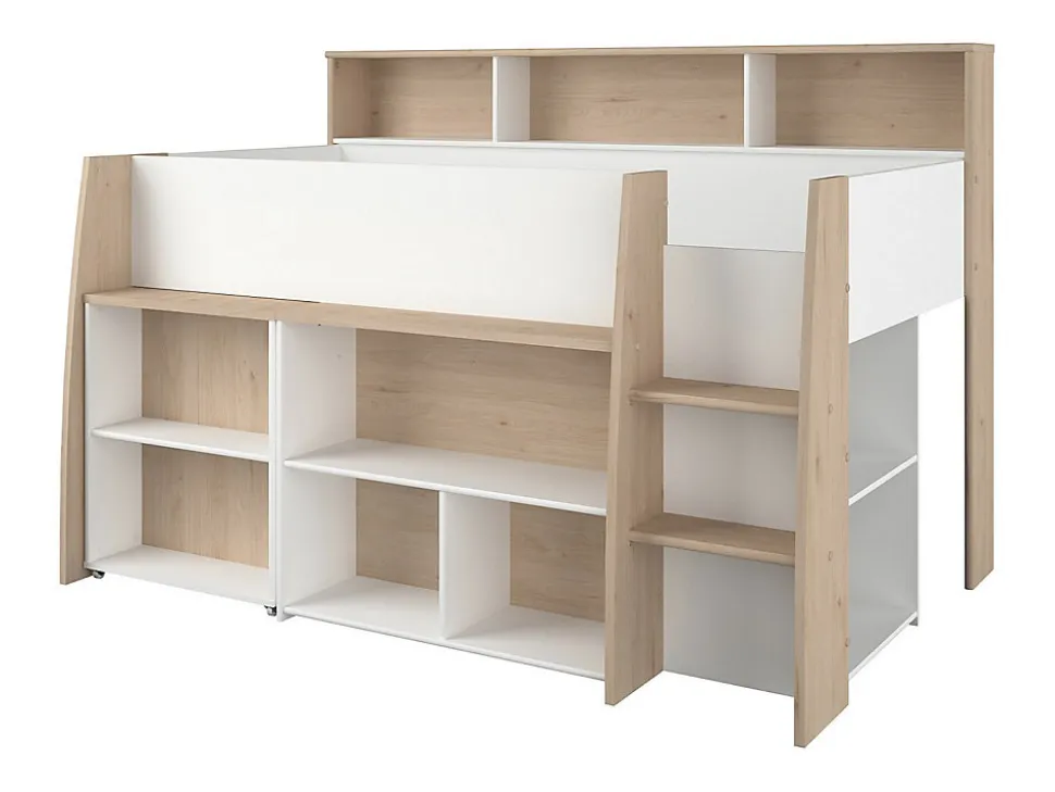 Lit combiné 90 x 200 cm avec bureau et rangements - Blanc et naturel + Matelas - APOLINO