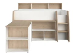 Lit combiné 90 x 200 cm avec bureau et rangements - Blanc et naturel + Matelas - APOLINO