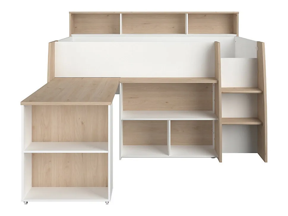 Lit combiné 90 x 200 cm avec bureau et rangements - Blanc et naturel + Matelas - APOLINO