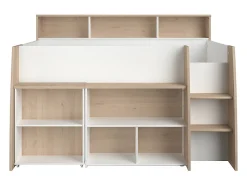 Lit combiné 90 x 200 cm avec bureau et rangements - Blanc et naturel + Matelas - APOLINO