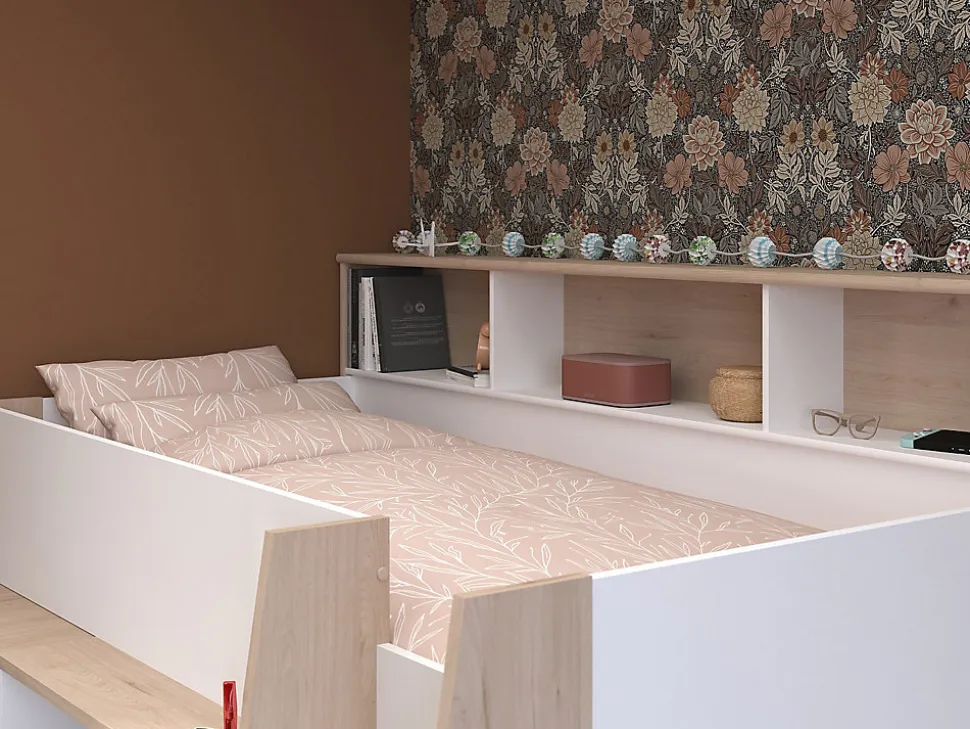 Lit combiné 90 x 200 cm avec bureau et rangements - Blanc et naturel + Matelas - APOLINO