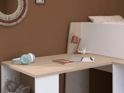 Lit combiné 90 x 200 cm avec bureau et rangements - Blanc et naturel + Matelas - APOLINO