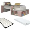Lit combiné 90 x 200 cm avec rangements et bureau - Coloris : Naturel et rose + Sommier + Matelas - RIGALI