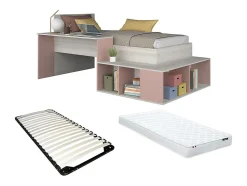 Lit combiné 90 x 200 cm avec rangements et bureau - Coloris : Naturel et rose + Sommier + Matelas - RIGALI