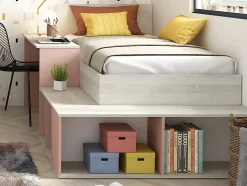Lit combiné 90 x 200 cm avec rangements et bureau - Coloris : Naturel et rose + Sommier + Matelas - RIGALI