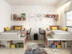 Lit combiné 90 x 200 cm avec rangements et bureau - Coloris : Naturel et Rose - RIGALI