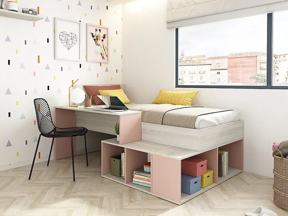 Lit combiné 90 x 200 cm avec rangements et bureau - Coloris : Naturel et Rose - RIGALI