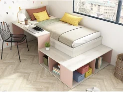 Lit combiné 90 x 200 cm avec rangements et bureau - Coloris : Naturel et Rose - RIGALI