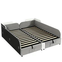 Lit combiné enfant 90x200 cm x2, hydraulique, sac rangement, contreplaqué - gris
