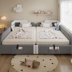 Lit combiné enfant 90x200 cm x2, hydraulique, sac rangement, contreplaqué - gris