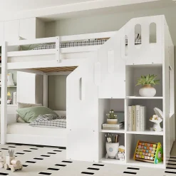 Lit Combiné 90x200 cm - Lit Superposé enfant avec Escaliers et Casier - Bois - Sans Matelas - Blanc