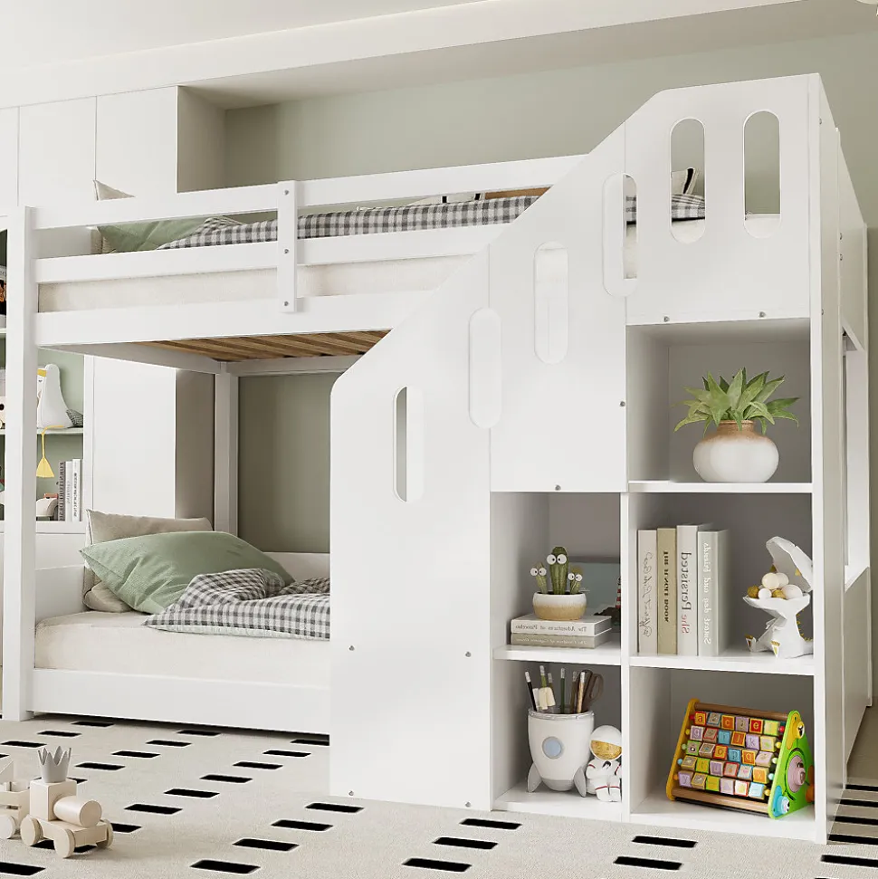 Lit Combiné 90x200 cm - Lit Superposé enfant avec Escaliers et Casier - Bois - Sans Matelas - Blanc