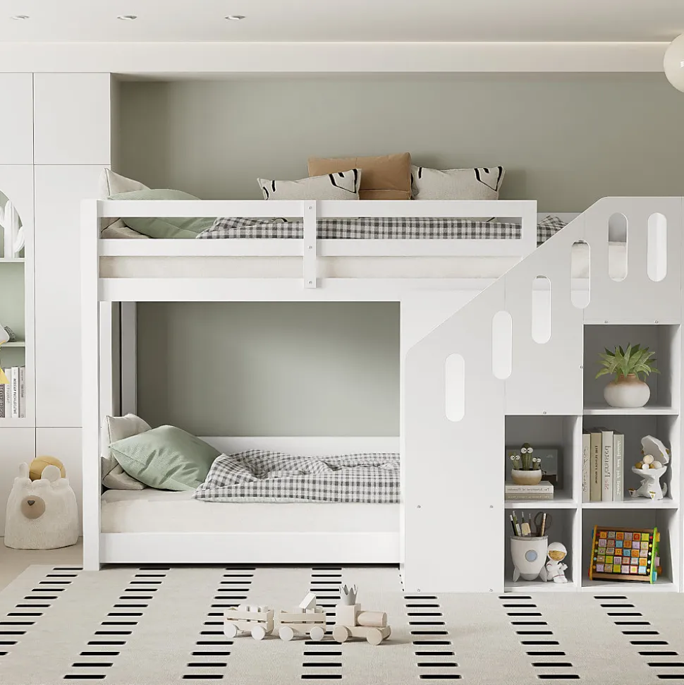 Lit Combiné 90x200 cm - Lit Superposé enfant avec Escaliers et Casier - Bois - Sans Matelas - Blanc