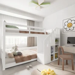 Lit Combiné 90x200 cm - Lit Superposé enfant avec Escaliers et Casier - Bois - Sans Matelas - Blanc