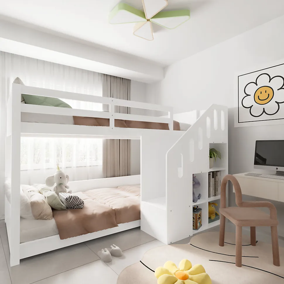 Lit Combiné 90x200 cm - Lit Superposé enfant avec Escaliers et Casier - Bois - Sans Matelas - Blanc