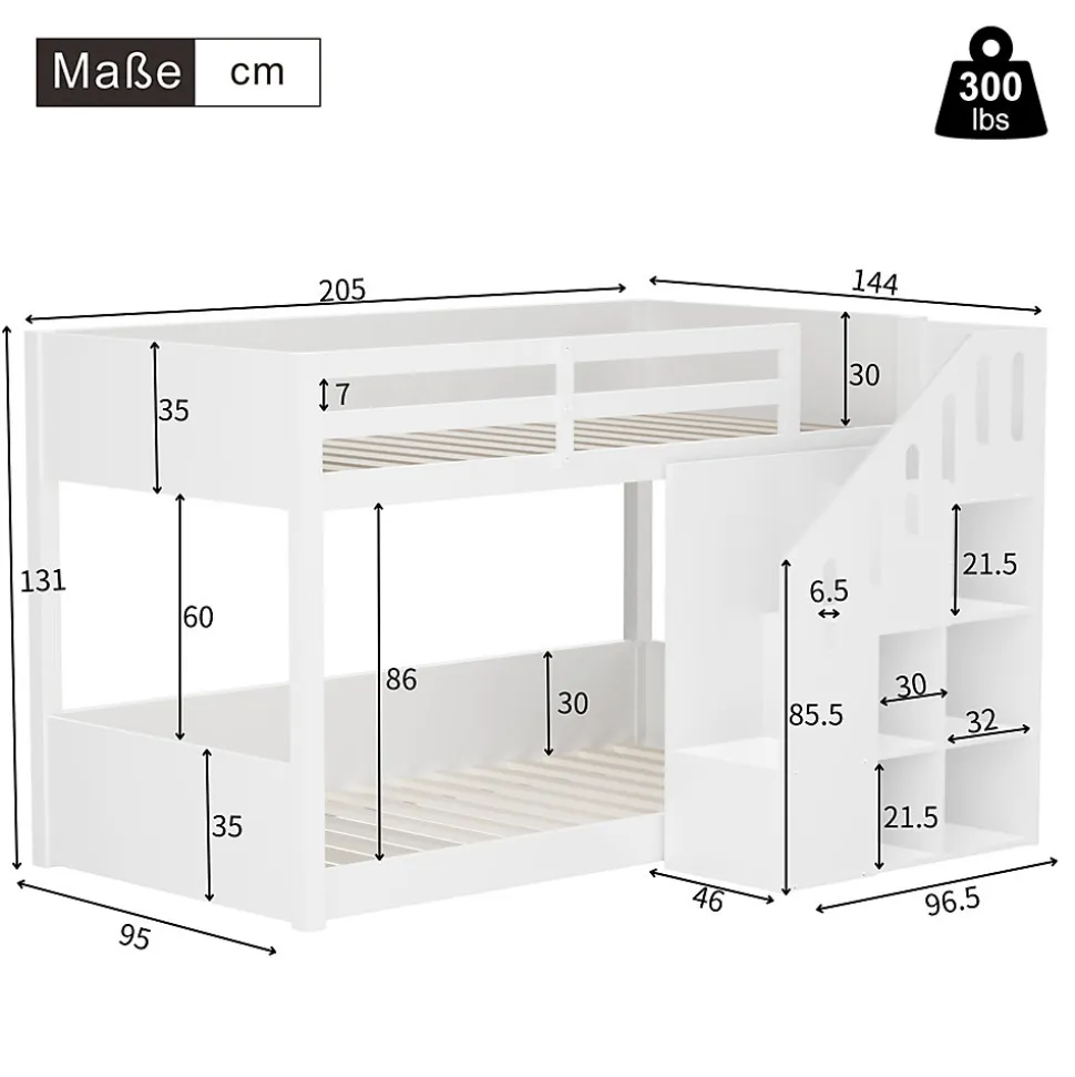 Lit Combiné 90x200 cm - Lit Superposé enfant avec Escaliers et Casier - Bois - Sans Matelas - Blanc